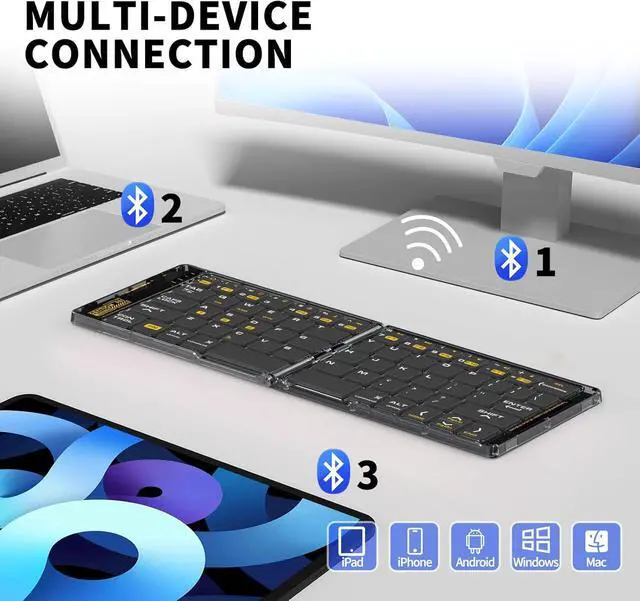 Alt view image 2 of 7 - Foldable & Folding Wireless Keyboard Set Combo for iPad, Transparent Bluetooth Typepad & Mouse, Compatible with iOS, Windows, Android, Smartphones, Laptops, etc.