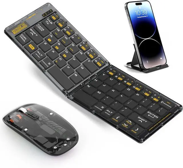 Main image of Foldable & Folding Wireless Keyboard Set Combo for iPad, Transparent Bluetooth Typepad & Mouse, Compatible with iOS, Windows, Android, Smartphones, Laptops, etc.