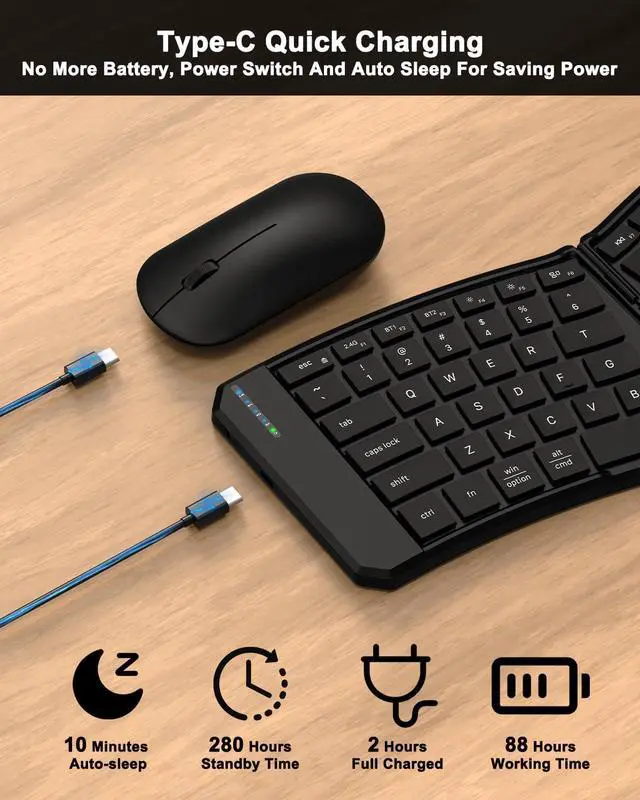 Alt view image 6 of 7 - Ergonomic Foldable Keyboard and Mouse Combo, 2.4G+Dual Bluetooth Rechargeable Folding Keyboard Mouse for Travel and Business, Split Design, Portable Size for Laptop iPads Tablet Smartphone