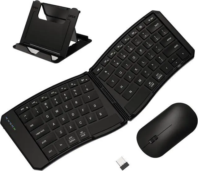 Main image of Ergonomic Foldable Keyboard and Mouse Combo, 2.4G+Dual Bluetooth Rechargeable Folding Keyboard Mouse for Travel and Business, Split Design, Portable Size for Laptop iPads Tablet Smartphone
