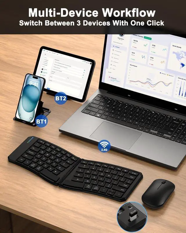 Alt view image 4 of 7 - Ergonomic Foldable Keyboard and Mouse Combo, 2.4G+Dual Bluetooth Rechargeable Folding Keyboard Mouse for Travel and Business, Split Design, Portable Size for Laptop iPads Tablet Smartphone
