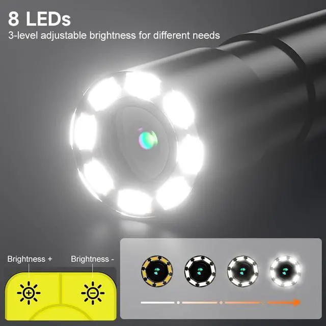 Alt view image 6 of 7 - Borescope Camera with Light, 1080P HD Endoscope with 8 Adjustable LEDs, 4.3" Inspection Camera with 16.4ft Semi-Rigid Cable, 8mm IP67 Waterproof Lens-Father's Day Gift&Cool Gadgets for Men