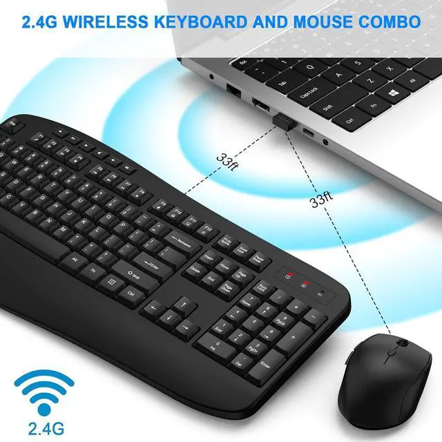 Alt view image 2 of 7 - Wireless Keyboard and Mouse Combo, 2.4G Full-Sized Ergonomic Computer Keyboard with Wrist Rest and 3 Level DPI Adjustable Wireless Mouse for Windows, Mac OS Desktop/Laptop/PC(Classic Black)