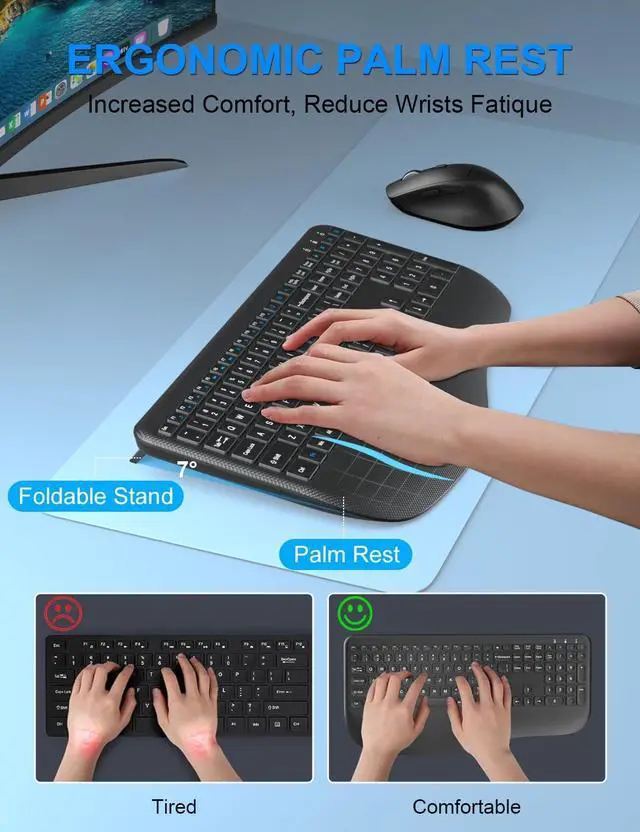 Alt view image 2 of 6 - Wireless Keyboard and Mouse Combo, 2.4G Full-Sized Ergonomic Computer Keyboard with Wrist Rest and 3 Level DPI Adjustable Wireless Mouse for Windows, Mac OS Desktop/Laptop/PC (Carbon Black)