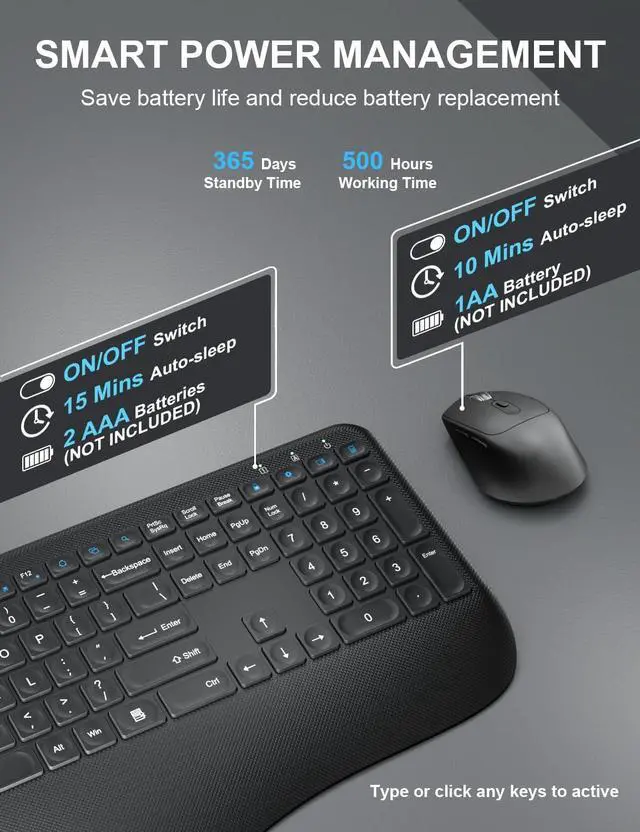 Alt view image 4 of 6 - Wireless Keyboard and Mouse Combo, 2.4G Full-Sized Ergonomic Computer Keyboard with Wrist Rest and 3 Level DPI Adjustable Wireless Mouse for Windows, Mac OS Desktop/Laptop/PC (Carbon Black)