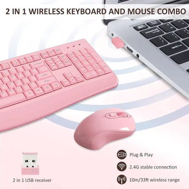 Alt view image 5 of 7 - Wireless Keyboard and Mouse Combo, Full-Sized 2.4GHz Wireless Keyboard with Comfortable Palm Rest and Optical Mouse for Windows, Mac OS PC/Desktops/Computer/Laptops (Full Pink)