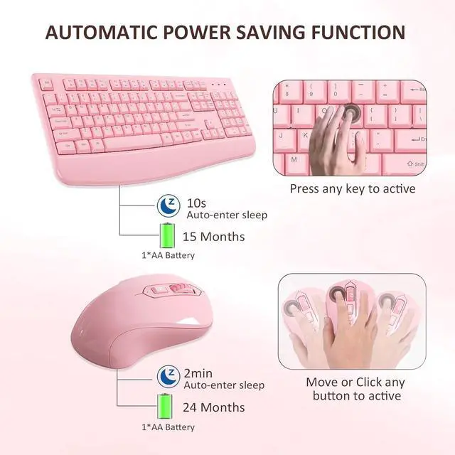 Alt view image 6 of 7 - Wireless Keyboard and Mouse Combo, Full-Sized 2.4GHz Wireless Keyboard with Comfortable Palm Rest and Optical Mouse for Windows, Mac OS PC/Desktops/Computer/Laptops (Full Pink)