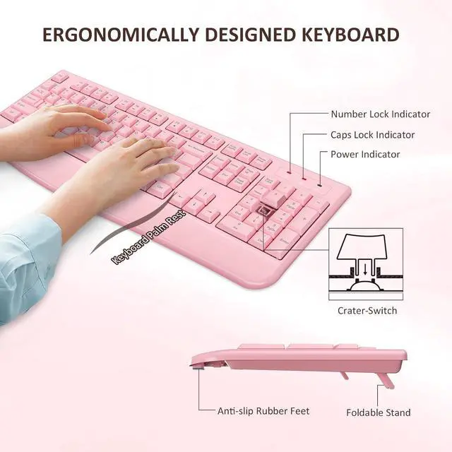 Alt view image 3 of 7 - Wireless Keyboard and Mouse Combo, Full-Sized 2.4GHz Wireless Keyboard with Comfortable Palm Rest and Optical Mouse for Windows, Mac OS PC/Desktops/Computer/Laptops (Full Pink)