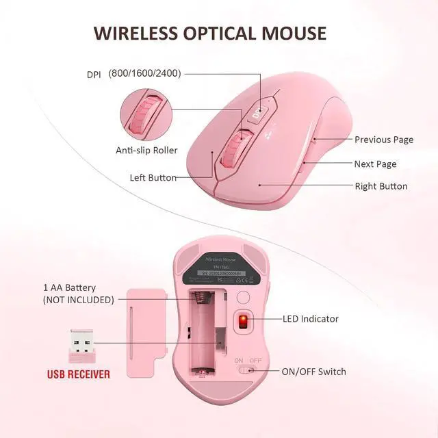 Alt view image 4 of 7 - Wireless Keyboard and Mouse Combo, Full-Sized 2.4GHz Wireless Keyboard with Comfortable Palm Rest and Optical Mouse for Windows, Mac OS PC/Desktops/Computer/Laptops (Full Pink)