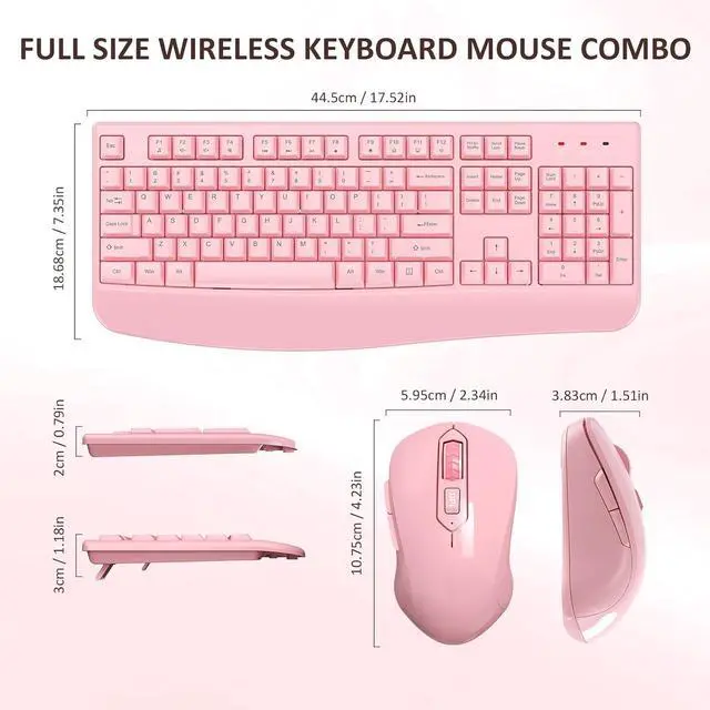 Alt view image 2 of 7 - Wireless Keyboard and Mouse Combo, Full-Sized 2.4GHz Wireless Keyboard with Comfortable Palm Rest and Optical Mouse for Windows, Mac OS PC/Desktops/Computer/Laptops (Full Pink)