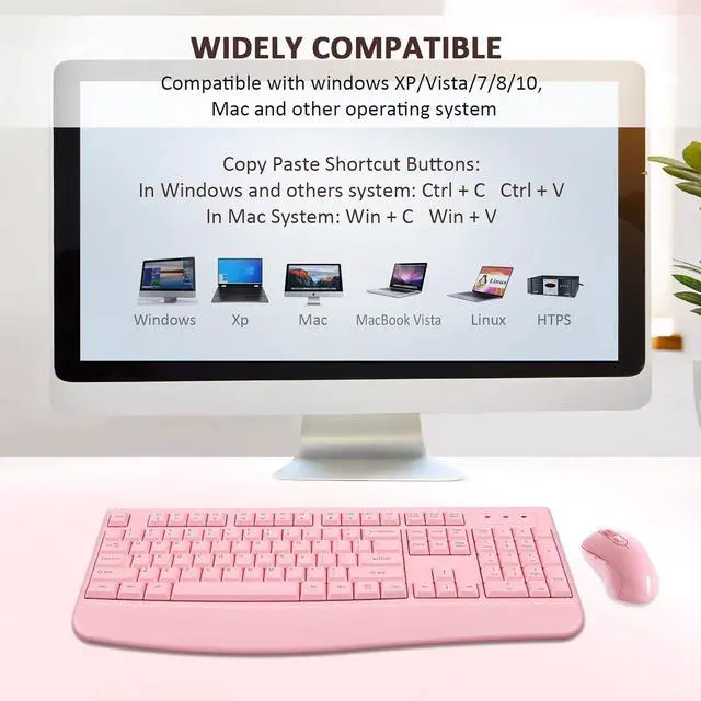 Alt view image 7 of 7 - Wireless Keyboard and Mouse Combo, Full-Sized 2.4GHz Wireless Keyboard with Comfortable Palm Rest and Optical Mouse for Windows, Mac OS PC/Desktops/Computer/Laptops (Full Pink)