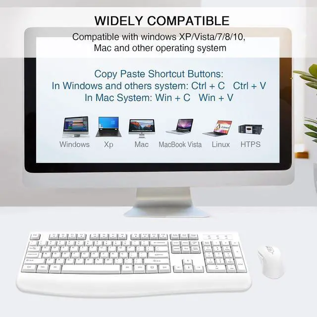 Alt view image 7 of 7 - Wireless Keyboard and Mouse Combo, Full-Sized 2.4GHz Wireless Keyboard with Comfortable Palm Rest and Optical Mouse for Windows, Mac OS PC/Desktops/Computer/Laptops (White)