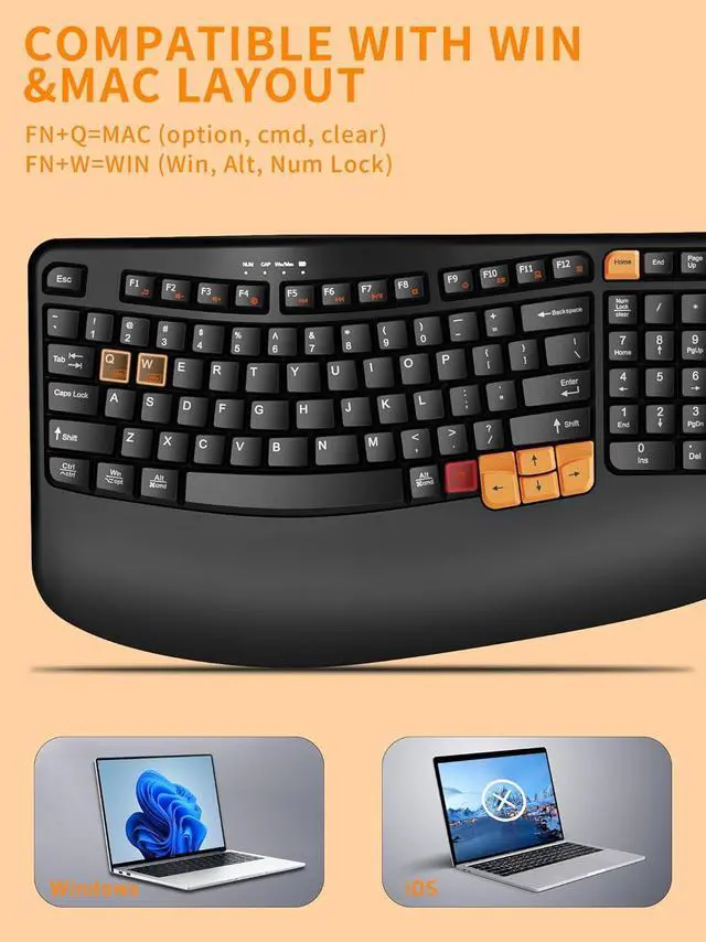 Alt view image 6 of 7 - Ergonomic Wireless Keyboard with Wrist Rest, Wave Keys for Comfortable Natural Typing, 2.4GHz Ergo Wireless Computer Keyboard for Windows, Mac OS Laptop/PC/Notebook (Black&Orange)