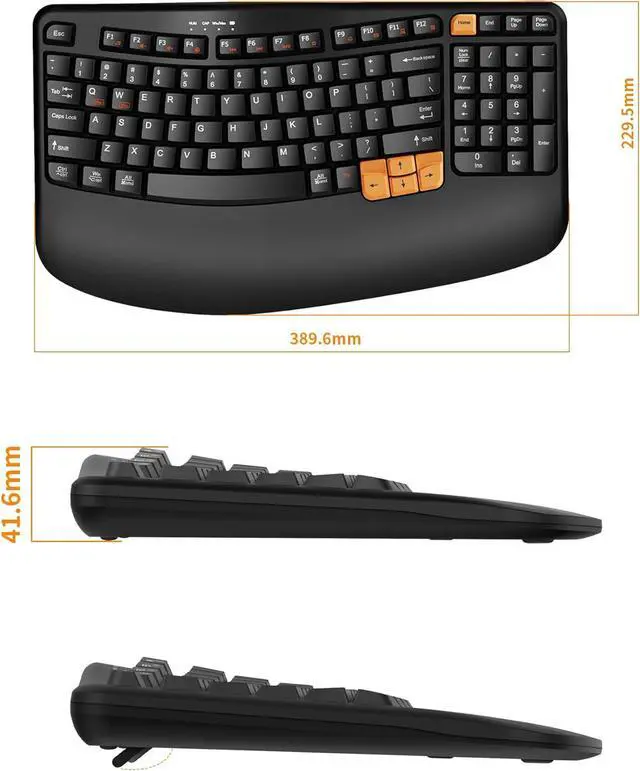 Main image of Ergonomic Wireless Keyboard with Wrist Rest, Wave Keys for Comfortable Natural Typing, 2.4GHz Ergo Wireless Computer Keyboard for Windows, Mac OS Laptop/PC/Notebook (Black&Orange)