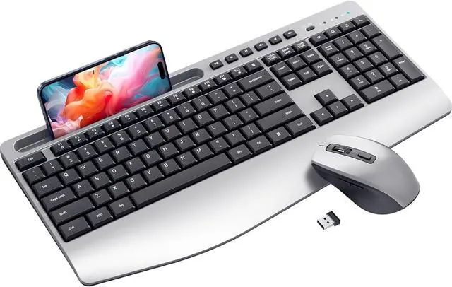 Main image of Ergonomic Wireless Keyboard and Mouse Combo,LIZRROT 2.4GHz Silent Full-Size Mouse and Keyboard,Wrist Rest,Phone Holder,Compatible with Windows, PCs, Laptops,Silver