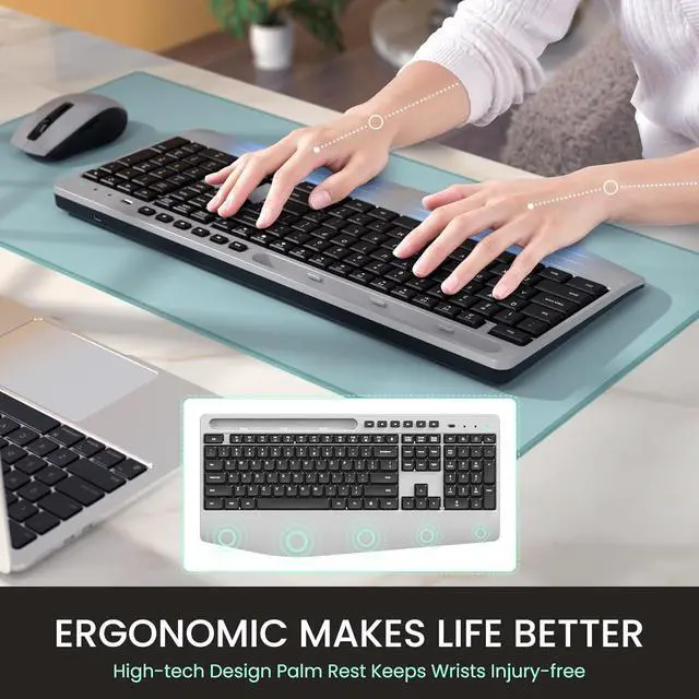 Alt view image 2 of 6 - Ergonomic Wireless Keyboard and Mouse Combo,LIZRROT 2.4GHz Silent Full-Size Mouse and Keyboard,Wrist Rest,Phone Holder,Compatible with Windows, PCs, Laptops,Silver