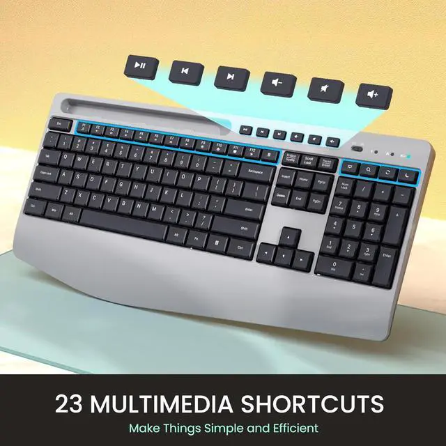 Alt view image 4 of 6 - Ergonomic Wireless Keyboard and Mouse Combo,LIZRROT 2.4GHz Silent Full-Size Mouse and Keyboard,Wrist Rest,Phone Holder,Compatible with Windows, PCs, Laptops,Silver