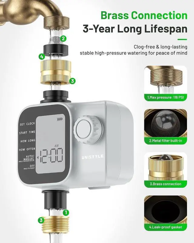 Alt view image 3 of 7 - [2026 Upgrade] Sprinkler Timer with Brass Inlets & Outlets, Programmable Water Timer for Garden Hose, IP55 Waterproof Hose Timers with Manual Irrigation Timers for Yard and Lawn Patio