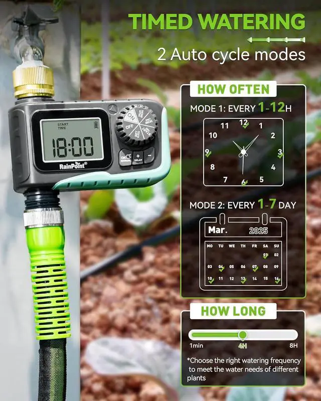Alt view image 2 of 7 - Sprinkler Timer with Brass Swivel, Programmable Water Timer for Garden Hose with Rain Delay/Manual Watering, Digital Irrigation System Kit for Lawns, 1 Outlet