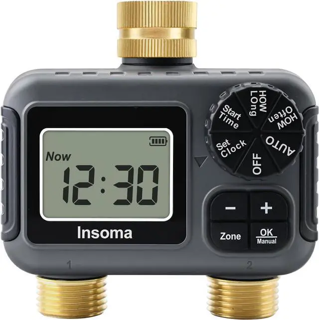 Main image of 2-Zone Water Timer Brass Inlet/Outlet, Programmable Outdoor Hose Faucet Timers with Auto/Manual Modes + Rain Delay, Waterproof Sprinkler Timer for Garden, Lawn, Yard, Pool | Save Water & Money