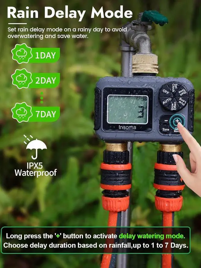 Alt view image 5 of 7 - 2-Zone Water Timer Brass Inlet/Outlet, Programmable Outdoor Hose Faucet Timers with Auto/Manual Modes + Rain Delay, Waterproof Sprinkler Timer for Garden, Lawn, Yard, Pool | Save Water & Money