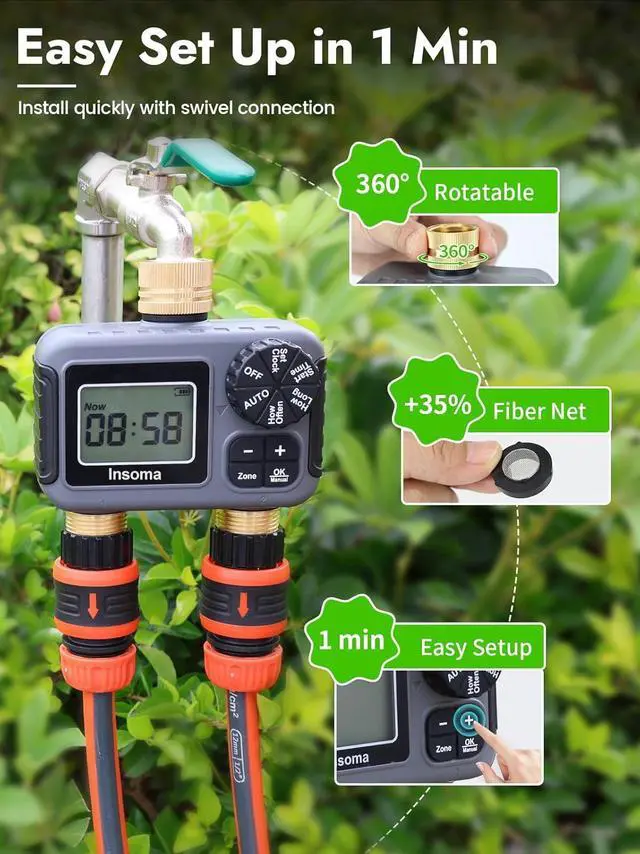 Alt view image 6 of 7 - 2-Zone Water Timer Brass Inlet/Outlet, Programmable Outdoor Hose Faucet Timers with Auto/Manual Modes + Rain Delay, Waterproof Sprinkler Timer for Garden, Lawn, Yard, Pool | Save Water & Money