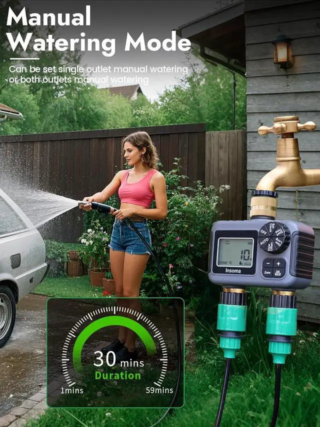 Alt view image 4 of 7 - 2-Zone Water Timer Brass Inlet/Outlet, Programmable Outdoor Hose Faucet Timers with Auto/Manual Modes + Rain Delay, Waterproof Sprinkler Timer for Garden, Lawn, Yard, Pool | Save Water & Money