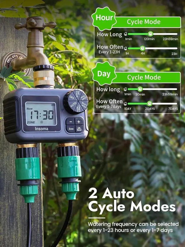 Alt view image 3 of 7 - 2-Zone Water Timer Brass Inlet/Outlet, Programmable Outdoor Hose Faucet Timers with Auto/Manual Modes + Rain Delay, Waterproof Sprinkler Timer for Garden, Lawn, Yard, Pool | Save Water & Money