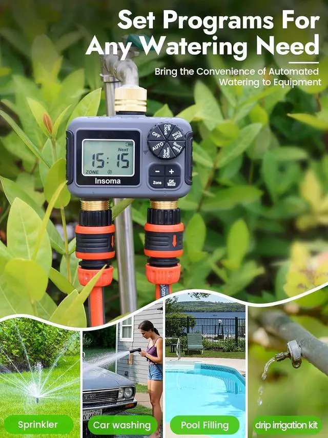 Alt view image 7 of 7 - 2-Zone Water Timer Brass Inlet/Outlet, Programmable Outdoor Hose Faucet Timers with Auto/Manual Modes + Rain Delay, Waterproof Sprinkler Timer for Garden, Lawn, Yard, Pool | Save Water & Money