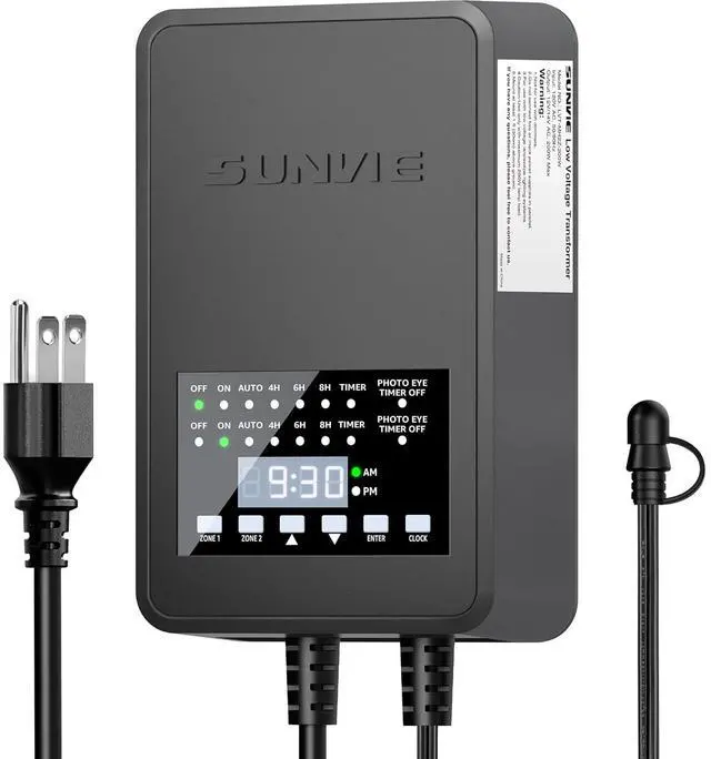 Main image of 200W Low Voltage Landscape Transformer with 2 Independent Control Output Landscape Lighting Transformer with Timer and Photocell Sensor 120V AC to 12/14V AC Weatherproof Low Voltage Transformer