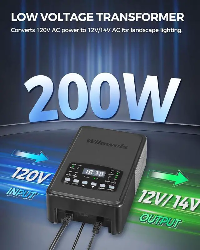 Alt view image 2 of 7 - 200W Low Voltage Landscape Transformer, 2 Zone Independent Control, Landscape Lighting Transformer, 120V AC to 12/14V AC, Low Voltage Transformer with Timer and Photocell Sensor, ETL Listed