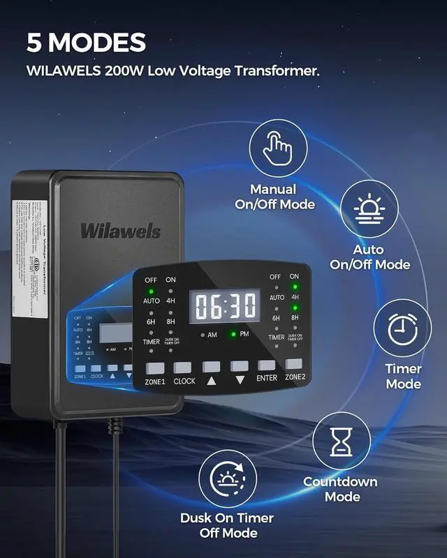 Alt view image 3 of 7 - 200W Low Voltage Landscape Transformer, 2 Zone Independent Control, Landscape Lighting Transformer, 120V AC to 12/14V AC, Low Voltage Transformer with Timer and Photocell Sensor, ETL Listed