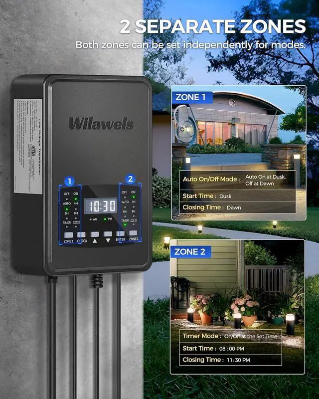 Alt view image 4 of 7 - 200W Low Voltage Landscape Transformer, 2 Zone Independent Control, Landscape Lighting Transformer, 120V AC to 12/14V AC, Low Voltage Transformer with Timer and Photocell Sensor, ETL Listed