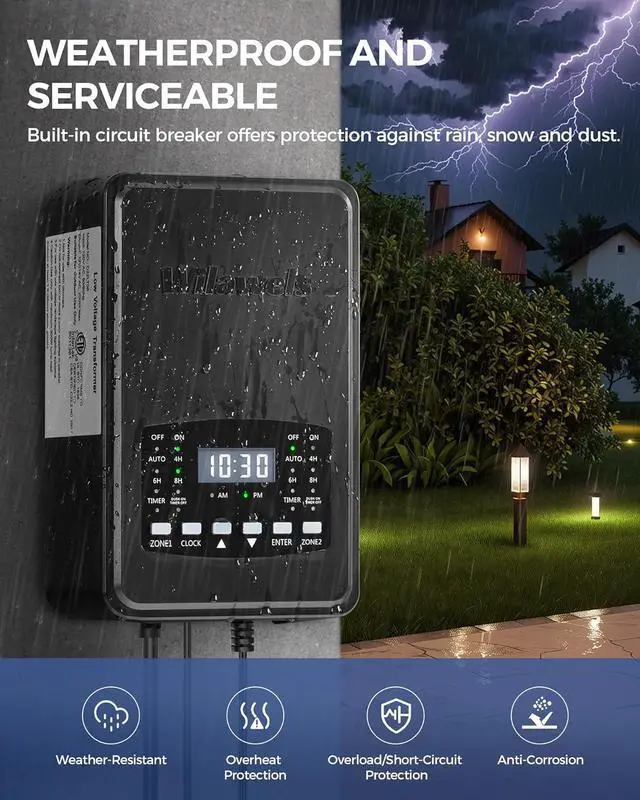 Alt view image 7 of 7 - 200W Low Voltage Landscape Transformer, 2 Zone Independent Control, Landscape Lighting Transformer, 120V AC to 12/14V AC, Low Voltage Transformer with Timer and Photocell Sensor, ETL Listed