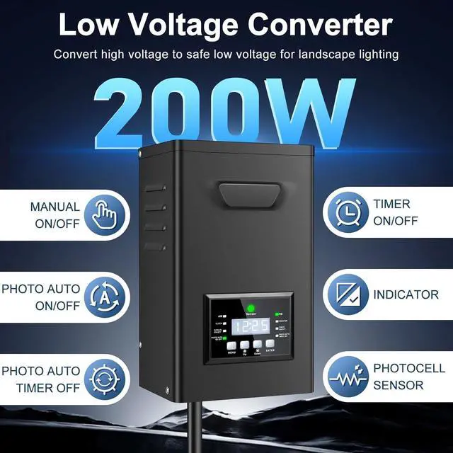 Alt view image 3 of 7 - 200W Low Voltage Landscape Transformer, Landscape Lighting Transformer with Timer and photocell Sensor, 120V AC to 12V/15V AC Outdoor Weatherproof Low Voltage Transformers for Landscape Lighting