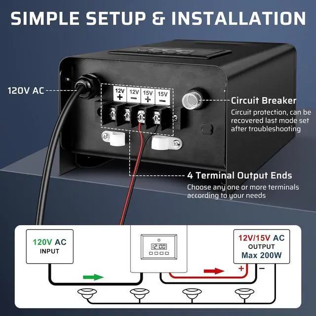 Alt view image 7 of 7 - 200W Low Voltage Landscape Transformer, Landscape Lighting Transformer with Timer and photocell Sensor, 120V AC to 12V/15V AC Outdoor Weatherproof Low Voltage Transformers for Landscape Lighting