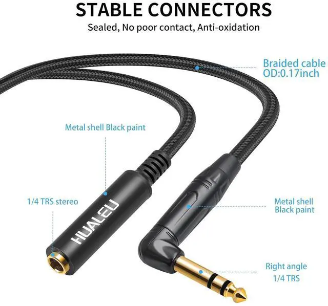 Alt view image 3 of 7 - 2Pack 1FT Right Angle Audio Cable, Male to Female, 6.35mm TRS Stereo to 1/4 Female Stereo Headphone Guitar Extension Cable Cord for Amplifiers