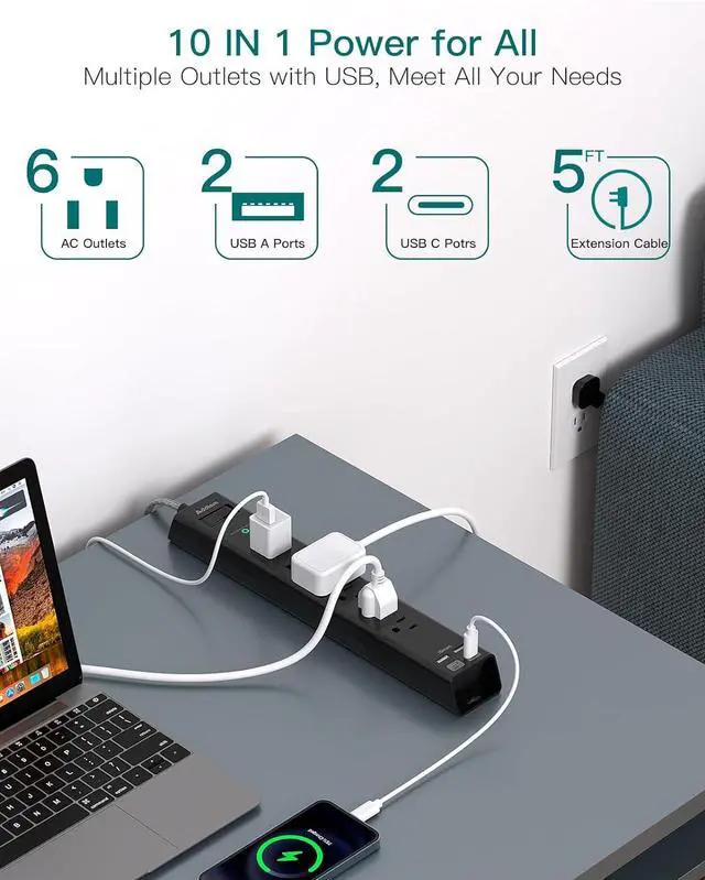 Alt view image 2 of 7 - Surge Protector Power Strip - Extension Cord with 6 AC Outlets 4 USB (2 USB-C Ports), 1875W/15A, Flat Plug with Overload Surge Protection, Outlet Extender for Home Office Dorm Room Essentials