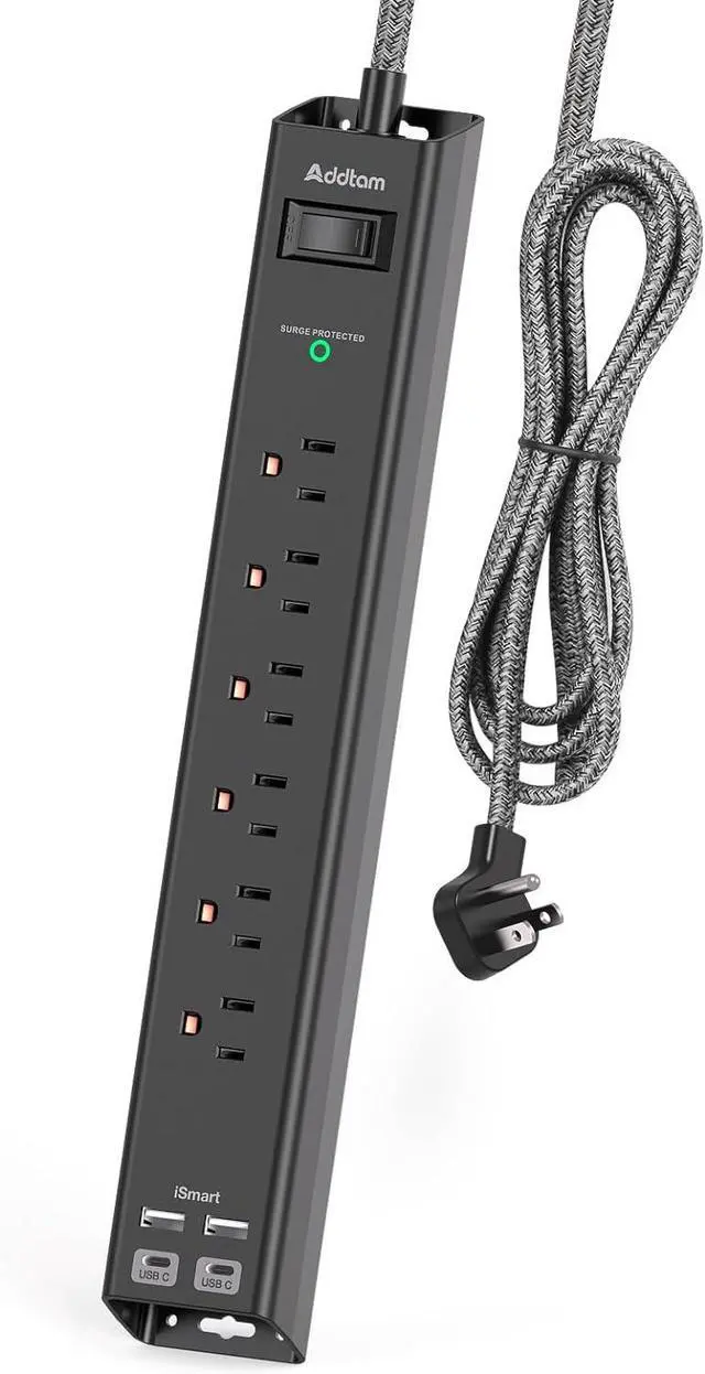 Main image of Surge Protector Power Strip - Extension Cord with 6 AC Outlets 4 USB (2 USB-C Ports), 1875W/15A, Flat Plug with Overload Surge Protection, Outlet Extender for Home Office Dorm Room Essentials