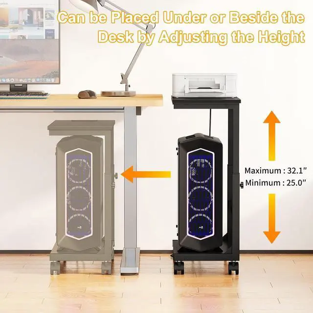 Alt view image 4 of 7 - Computer Tower Stand with Charging Station, 25.0"-32.1" Height Adjustable PC Tower Stand for Floor, Mobile PC Holder with Locking Wheels Computer Cart for Home Office