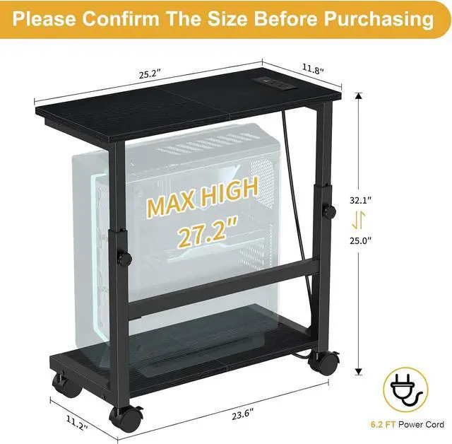 Alt view image 3 of 7 - Computer Tower Stand with Charging Station, 25.0"-32.1" Height Adjustable PC Tower Stand for Floor, Mobile PC Holder with Locking Wheels Computer Cart for Home Office
