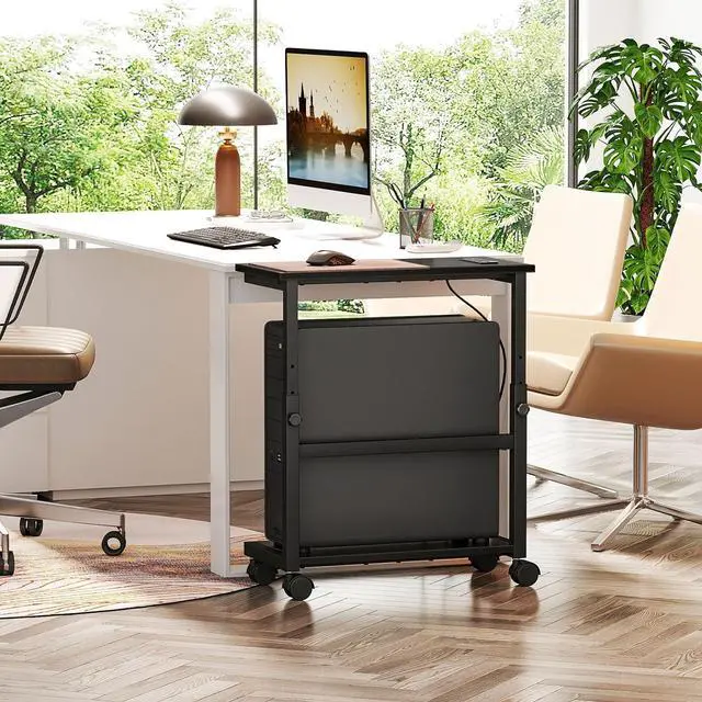 Alt view image 5 of 7 - Computer Tower Stand with Charging Station, 25.0"-32.1" Height Adjustable PC Tower Stand for Floor, Mobile PC Holder with Locking Wheels Computer Cart for Home Office