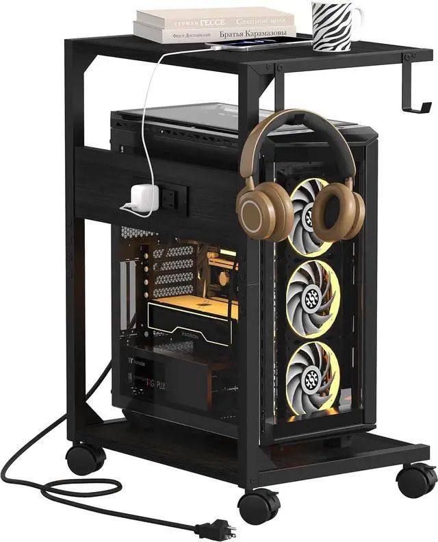 Alt view image 2 of 7 - 2 Tier Computer Tower Stand with Charging Station, 11.8"D x 16.5"W Rolling Floor PC Tower Stand Fits Under Desk, CPU Holder Cart for Carpet with Hooks, Home Office