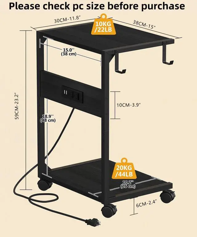 Alt view image 3 of 7 - 2 Tier Computer Tower Stand with Charging Station, 11.8"D x 16.5"W Rolling Floor PC Tower Stand Fits Under Desk, CPU Holder Cart for Carpet with Hooks, Home Office