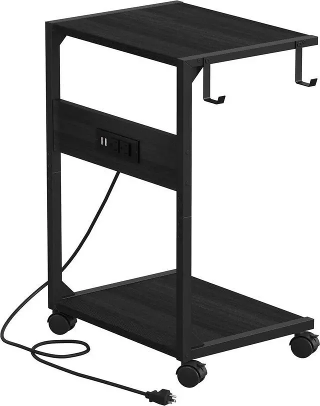 Main image of 2 Tier Computer Tower Stand with Charging Station, 11.8"D x 16.5"W Rolling Floor PC Tower Stand Fits Under Desk, CPU Holder Cart for Carpet with Hooks, Home Office