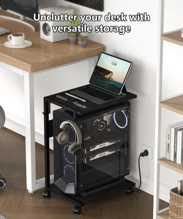 Alt view image 4 of 7 - 2 Tier Computer Tower Stand with Charging Station, 11.8"D x 16.5"W Rolling Floor PC Tower Stand Fits Under Desk, CPU Holder Cart for Carpet with Hooks, Home Office