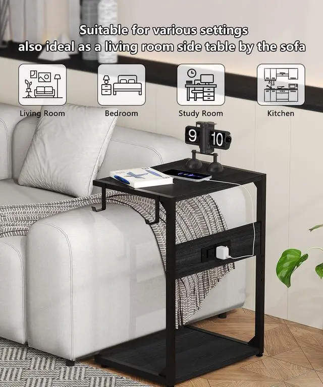 Alt view image 6 of 7 - 2 Tier Computer Tower Stand with Charging Station, 11.8"D x 16.5"W Rolling Floor PC Tower Stand Fits Under Desk, CPU Holder Cart for Carpet with Hooks, Home Office