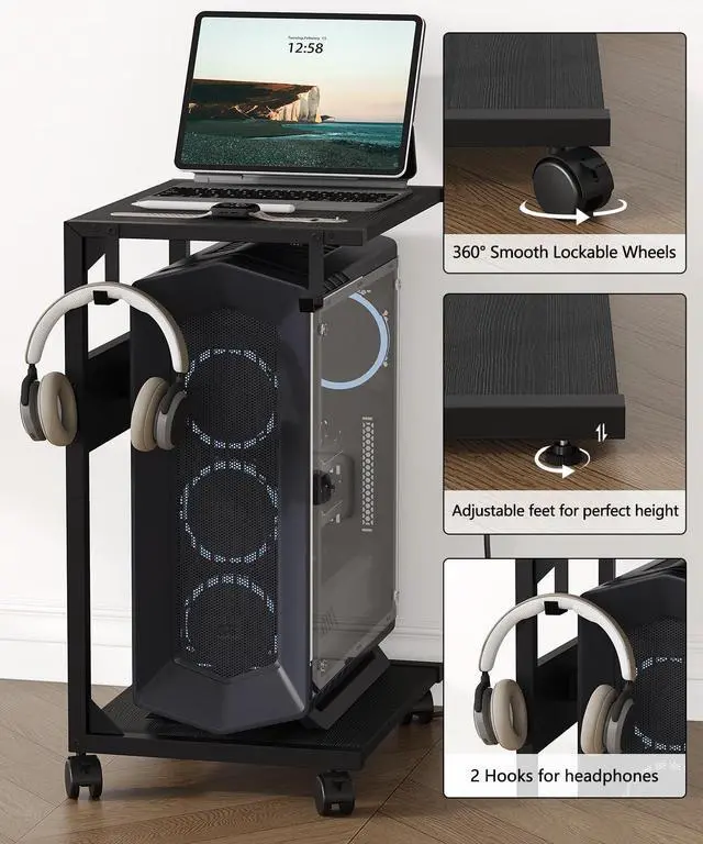 Alt view image 7 of 7 - 2 Tier Computer Tower Stand with Charging Station, 11.8"D x 16.5"W Rolling Floor PC Tower Stand Fits Under Desk, CPU Holder Cart for Carpet with Hooks, Home Office