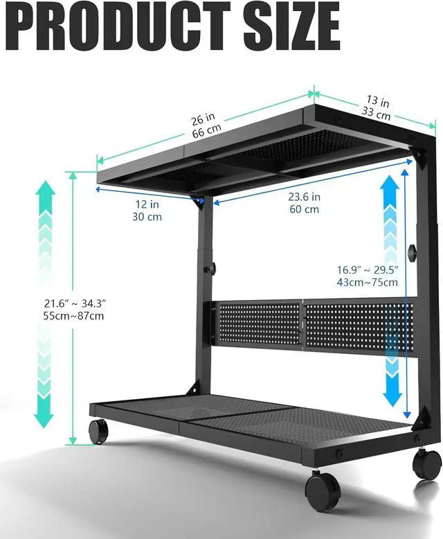 Alt view image 2 of 7 - Computer Tower Stand - Height Adjustable 2-Tier ATX-Case PC Stand Printer Rack Pegboard with Rolling Wheels & Mousepad for Home Office Gaming Accessories