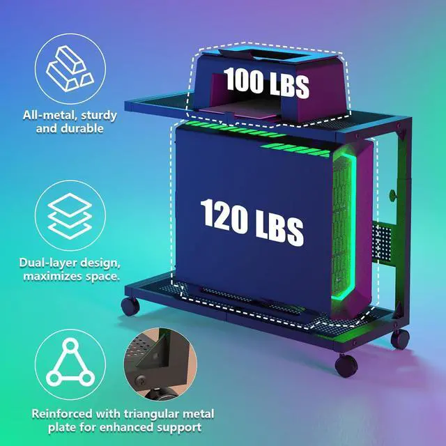 Alt view image 4 of 7 - Computer Tower Stand - Height Adjustable 2-Tier ATX-Case PC Stand Printer Rack Pegboard with Rolling Wheels & Mousepad for Home Office Gaming Accessories